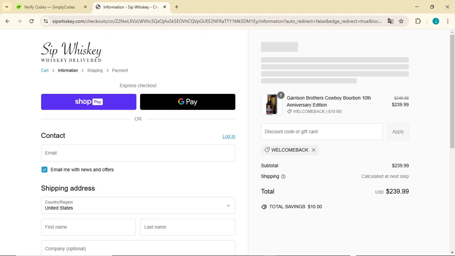 Sip Whiskey discount code screenshot showing code WELCOMEBACK applied at Sip Whiskey checkout page. Uploaded by SimplyCodes community member GoldDefender3268 on Mar 3, 2025