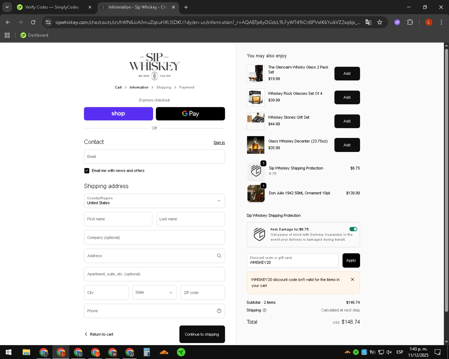 Sip Whiskey discount code screenshot showing code WHISKEY20 applied at Sip Whiskey checkout page. Uploaded by SimplyCodes community member luissdbv1 on Dec 11, 2025