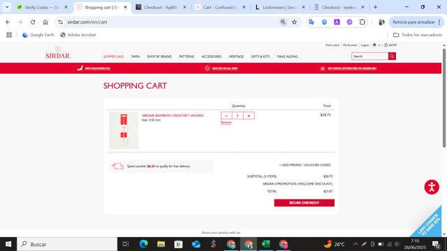 Sirdar checkout page showing Sirdar promo code box | Screenshot taken by SimplyCodes community member on Jun 28, 2025