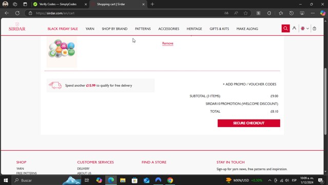 Sirdar checkout page showing Sirdar promo code box | Screenshot taken by SimplyCodes community member on Dec 1, 2024