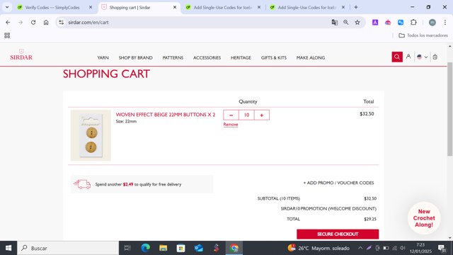 Sirdar checkout page showing Sirdar promo code box | Screenshot taken by SimplyCodes community member on Jan 12, 2025
