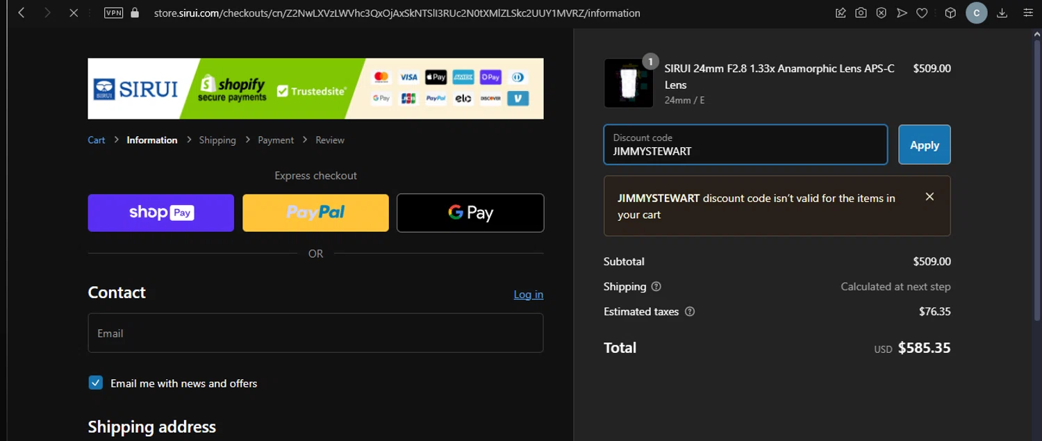 where to use Sirui promo code box