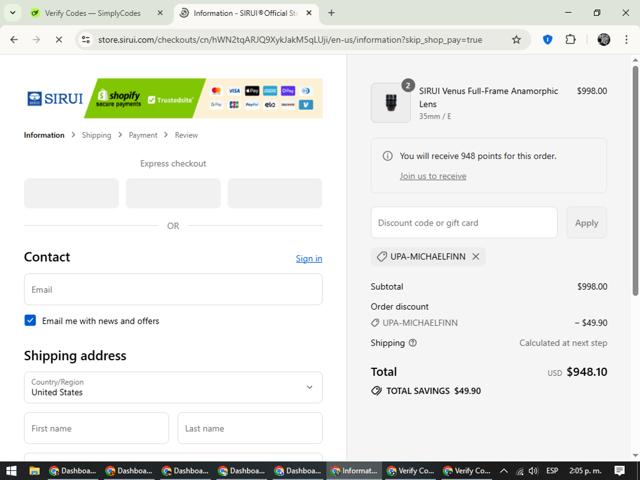 Sirui checkout page showing Sirui discount code box | Screenshot taken by SimplyCodes community member on Sep 12, 2025