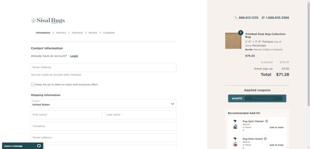 Sisal Rugs Direct checkout page showing Sisal Rugs Direct coupon code box | Screenshot taken by SimplyCodes community member on Aug 5, 2025