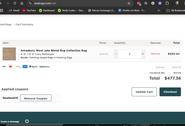 Sisal Rugs Direct checkout page showing Sisal Rugs Direct coupon code box | Screenshot taken by SimplyCodes community member on Jul 18, 2025
