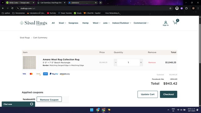 Sisal Rugs Direct checkout page showing Sisal Rugs Direct coupon code box | Screenshot taken by SimplyCodes community member on Jul 29, 2025