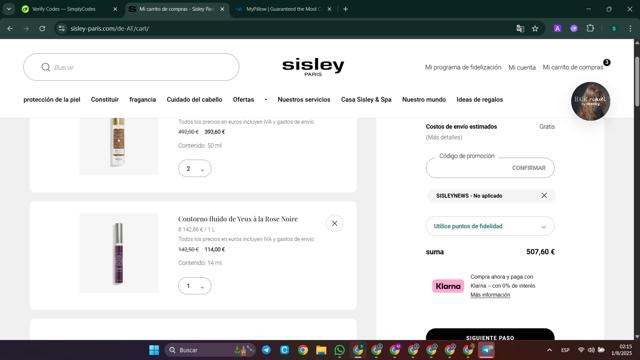 Sisley Paris checkout page showing Sisley Paris promo code box | Screenshot taken by SimplyCodes community member on Aug 1, 2025