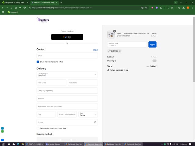 Sisters of the Valley checkout page showing Sisters of the Valley promo code box | Screenshot taken by SimplyCodes community member on Sep 7, 2025