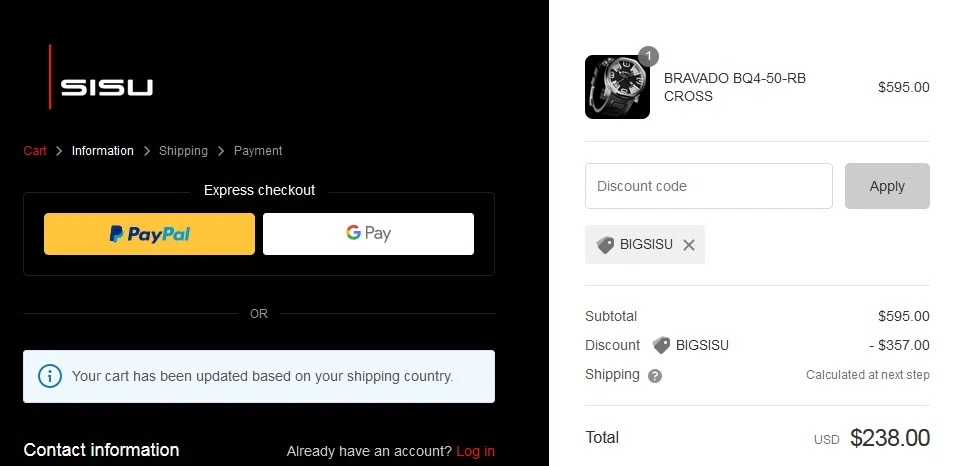 SISU Watches checkout page showing SISU Watches promo code box | Screenshot taken by SimplyCodes community member on Jun 24, 2022