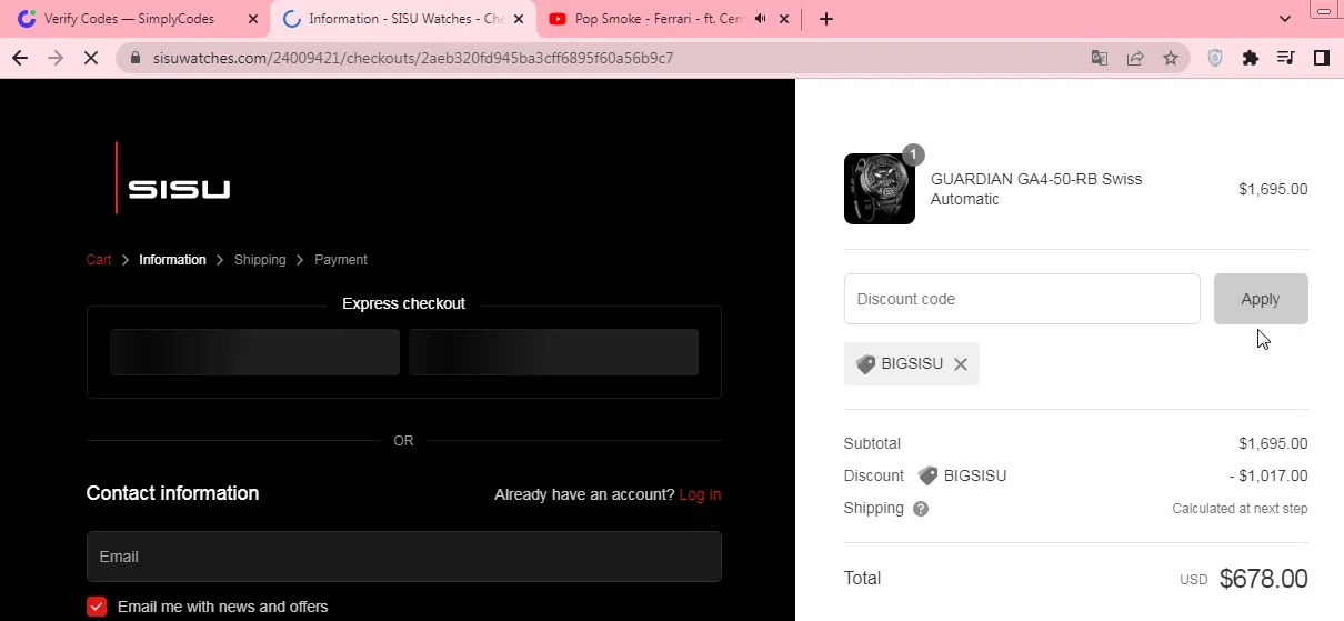 SISU Watches checkout page showing SISU Watches promo code box | Screenshot taken by SimplyCodes community member on Aug 22, 2022