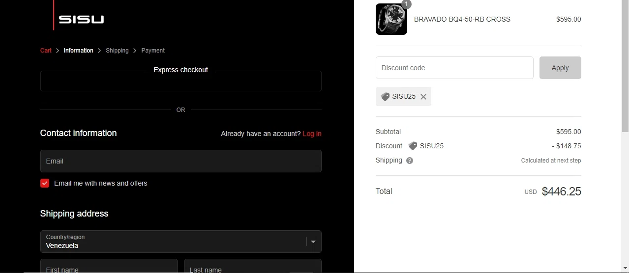 SISU Watches checkout page showing SISU Watches promo code box | Screenshot taken by SimplyCodes community member on Apr 21, 2022