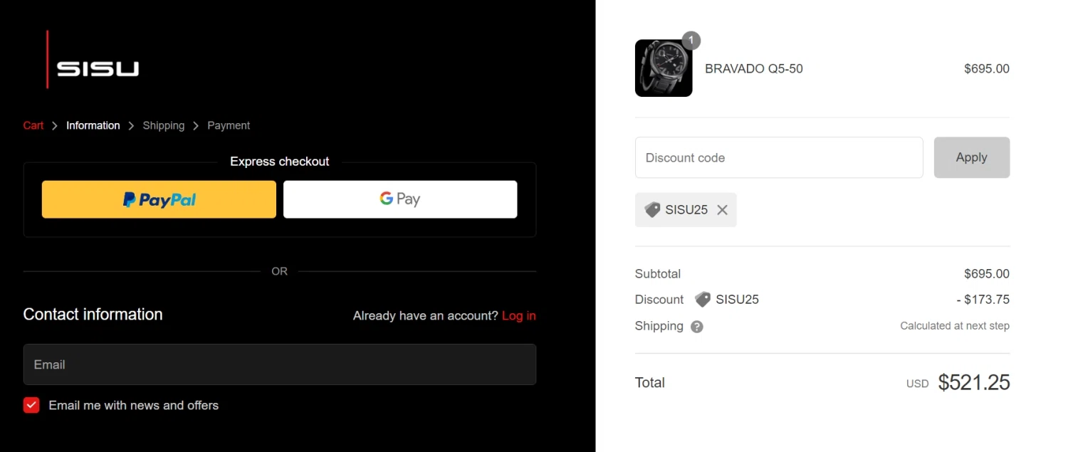 SISU Watches checkout page showing SISU Watches promo code box | Screenshot taken by SimplyCodes community member on May 20, 2022