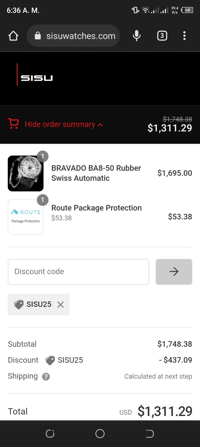 SISU Watches checkout page showing SISU Watches promo code box | Screenshot taken by SimplyCodes community member on Jul 22, 2022