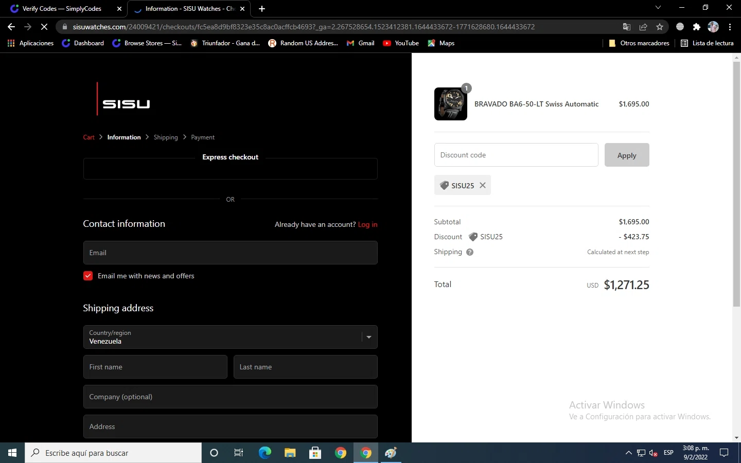 SISU Watches checkout page showing SISU Watches promo code box | Screenshot taken by SimplyCodes community member on Feb 9, 2022