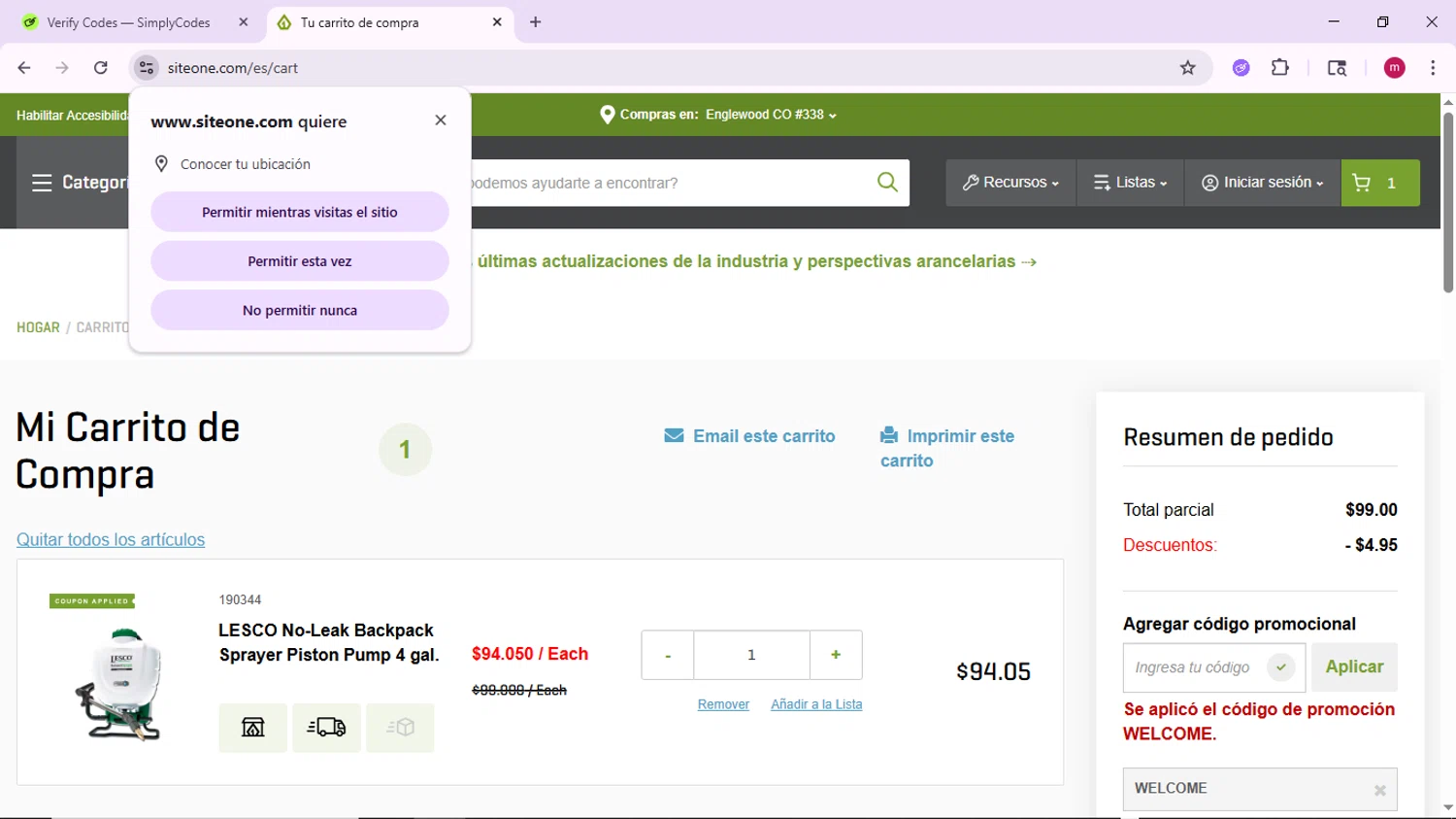 SiteOne promo code screenshot showing code WELCOME applied at SiteOne checkout page. Uploaded by SimplyCodes community member PrimeSage7080 on Jul 19, 2025