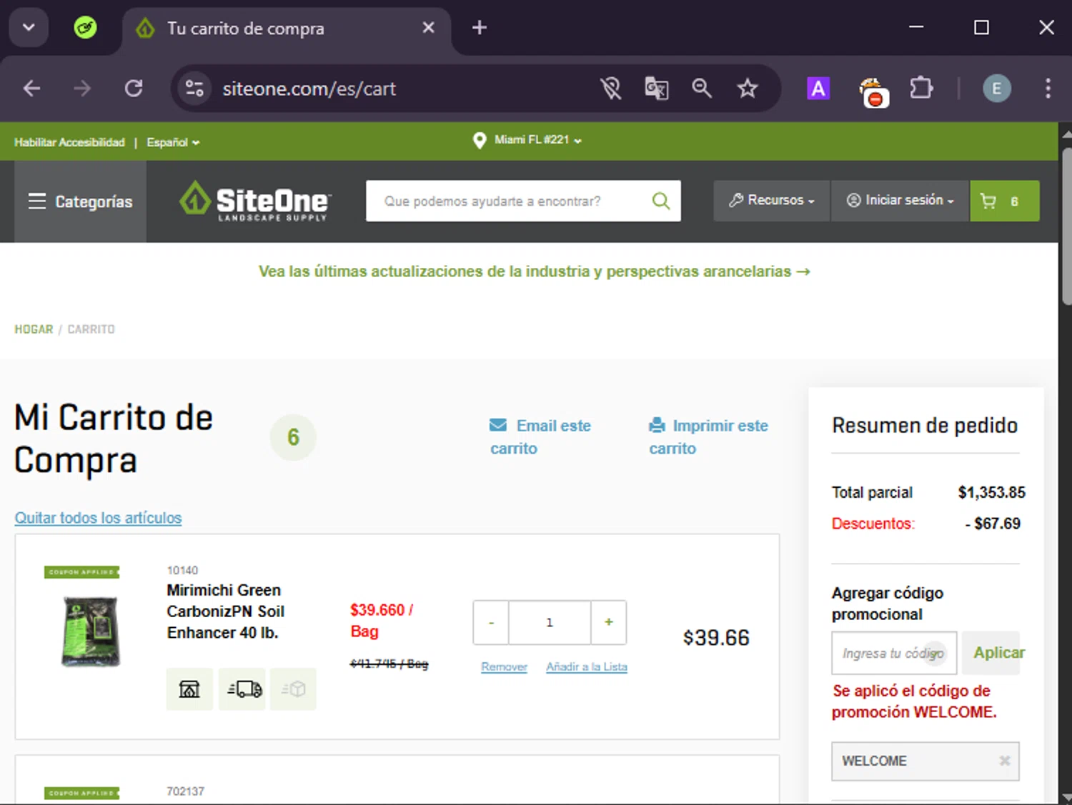 SiteOne promo code screenshot showing code WELCOME applied at SiteOne checkout page. Uploaded by SimplyCodes community member LuckyExpert7689 on Apr 16, 2025