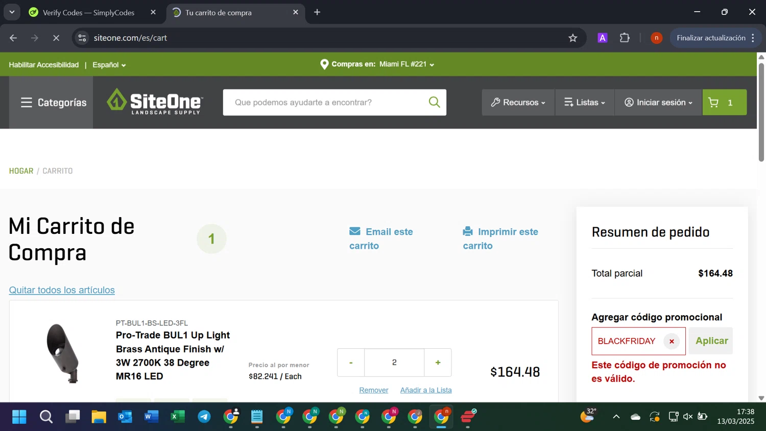 SiteOne promo code screenshot showing code BLACKFRIDAY applied at SiteOne checkout page. Uploaded by SimplyCodes community member SavvyMonarch2205 on Mar 13, 2025