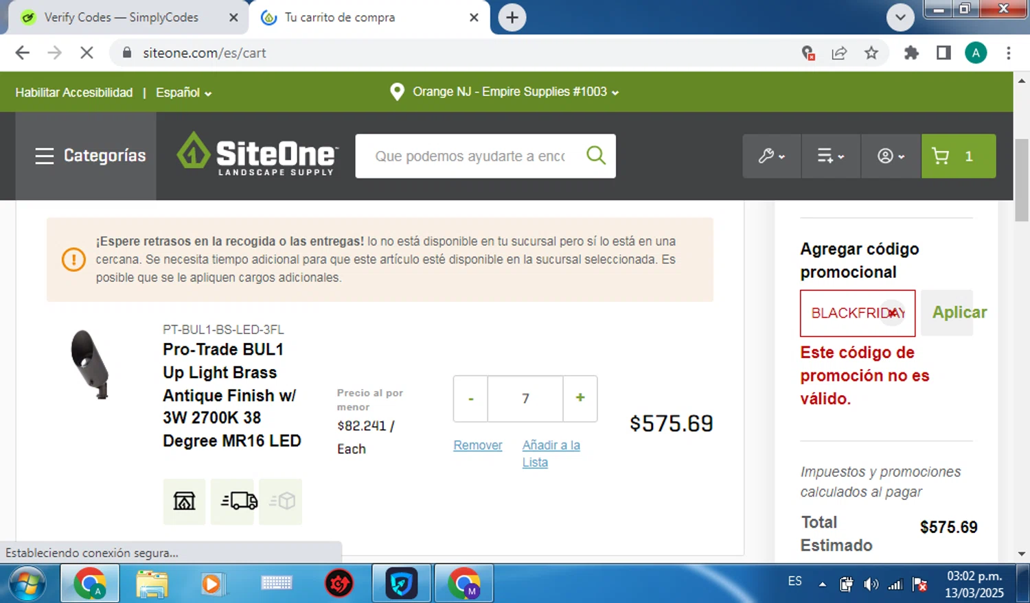 SiteOne promo code screenshot showing code BLACKFRIDAY applied at SiteOne checkout page. Uploaded by SimplyCodes community member brianoconner on Mar 13, 2025