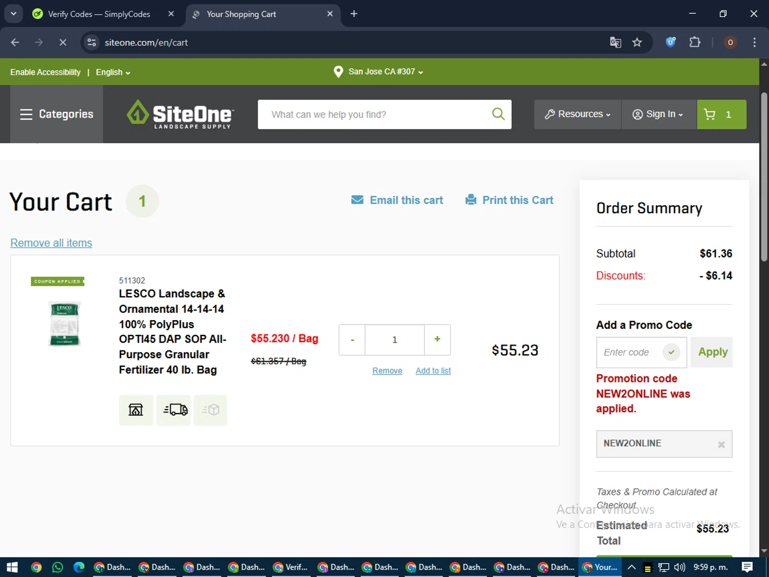 SiteOne promo code screenshot showing code NEW2ONLINE applied at SiteOne checkout page. Uploaded by SimplyCodes community member Legendar on Jun 10, 2025