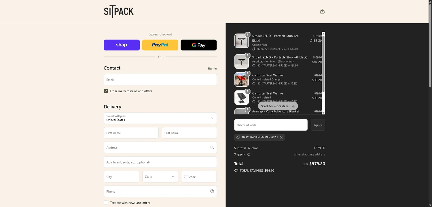Sitpack promo code screenshot showing code KICKSTARTERBACKER2023 applied at Sitpack checkout page. Uploaded by SimplyCodes community member ExtraordinaryMaven3628 on Dec 8, 2025