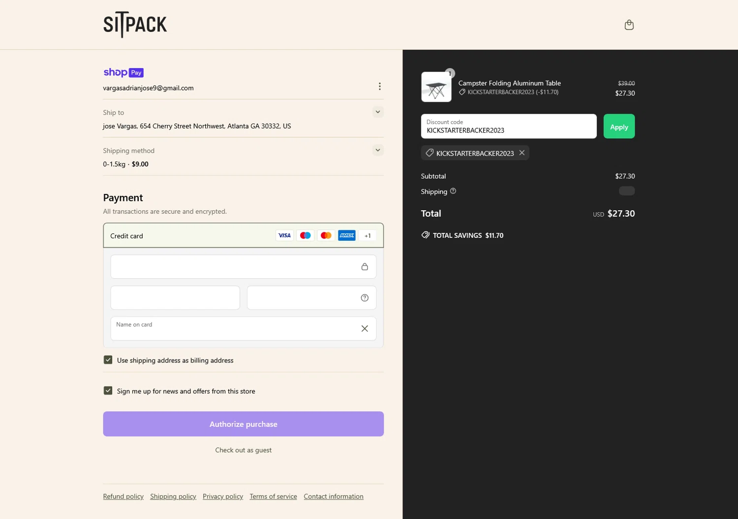 Sitpack promo code screenshot showing code KICKSTARTERBACKER2023 applied at Sitpack checkout page. Uploaded by SimplyCodes community member WladimirV on May 23, 2025