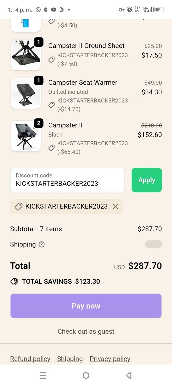 Sitpack promo code screenshot showing code KICKSTARTERBACKER2023 applied at Sitpack checkout page. Uploaded by SimplyCodes community member coromotopalmar on Sep 23, 2025