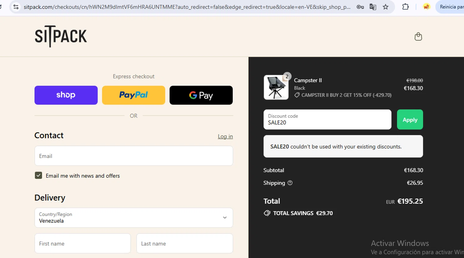 Sitpack promo code screenshot showing code SALE20 applied at Sitpack checkout page. Uploaded by SimplyCodes community member FortunateSeeker1824 on Aug 29, 2025