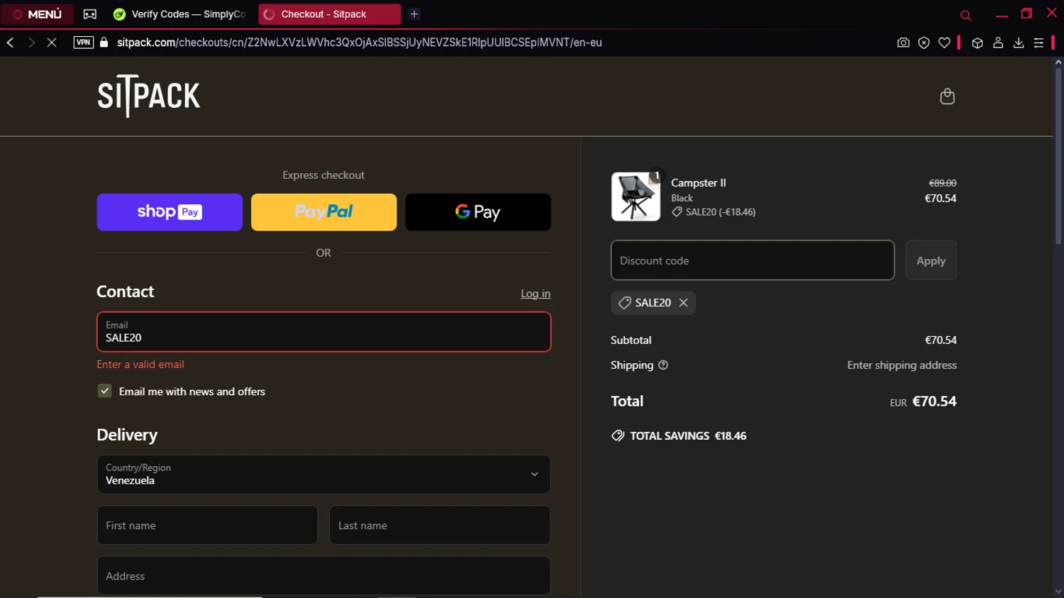 Sitpack promo code screenshot showing code SALE20 applied at Sitpack checkout page. Uploaded by SimplyCodes community member MoneyTitan8787 on Mar 20, 2025