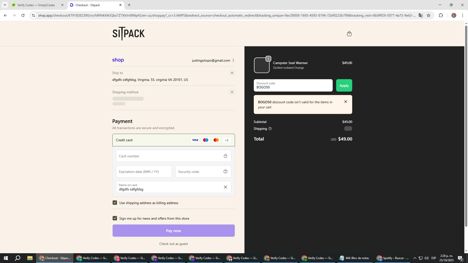 Sitpack promo code screenshot showing code BOGO50 applied at Sitpack checkout page. Uploaded by SimplyCodes community member BENELLI on Oct 25, 2025