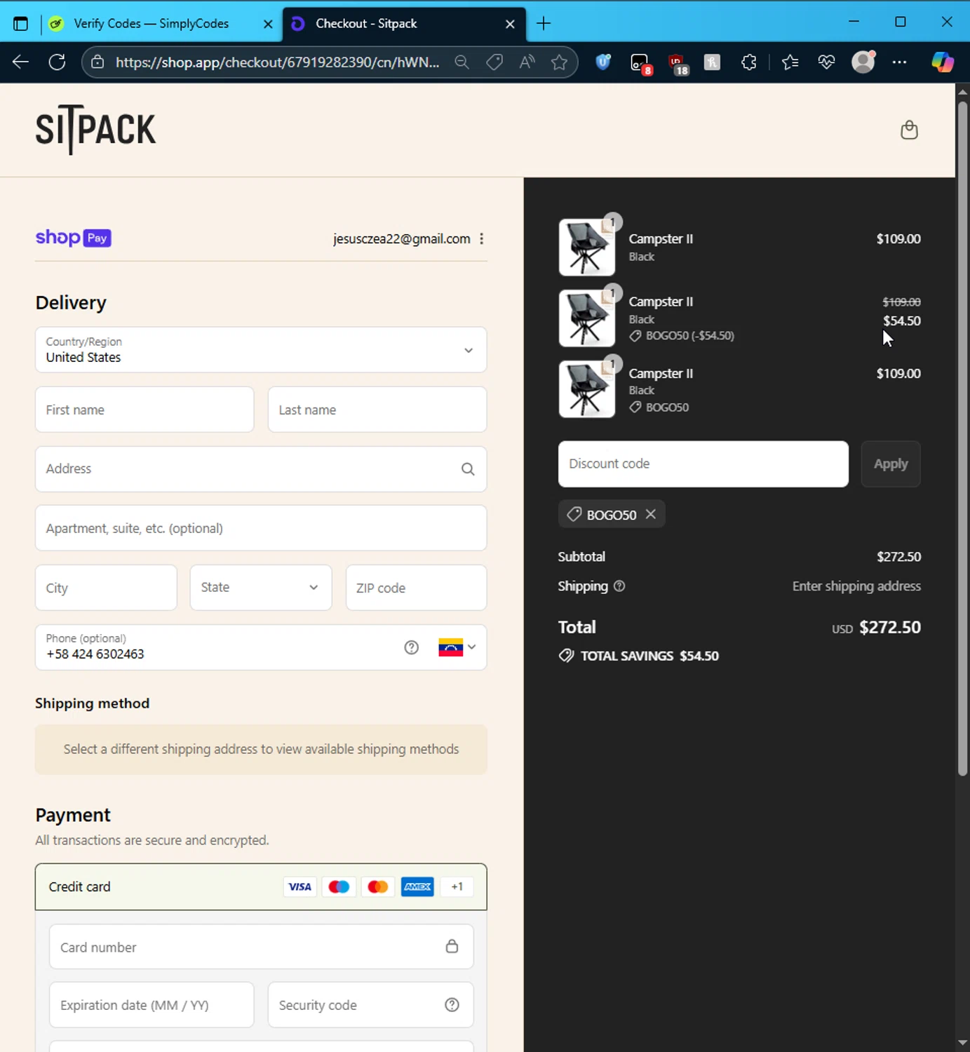 Sitpack promo code screenshot showing code BOGO50 applied at Sitpack checkout page. Uploaded by SimplyCodes community member DonutPunks on Aug 3, 2025