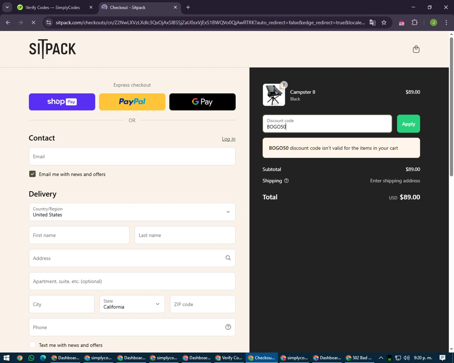 Sitpack promo code screenshot showing code BOGO50 applied at Sitpack checkout page. Uploaded by SimplyCodes community member LilBaby on Mar 20, 2025