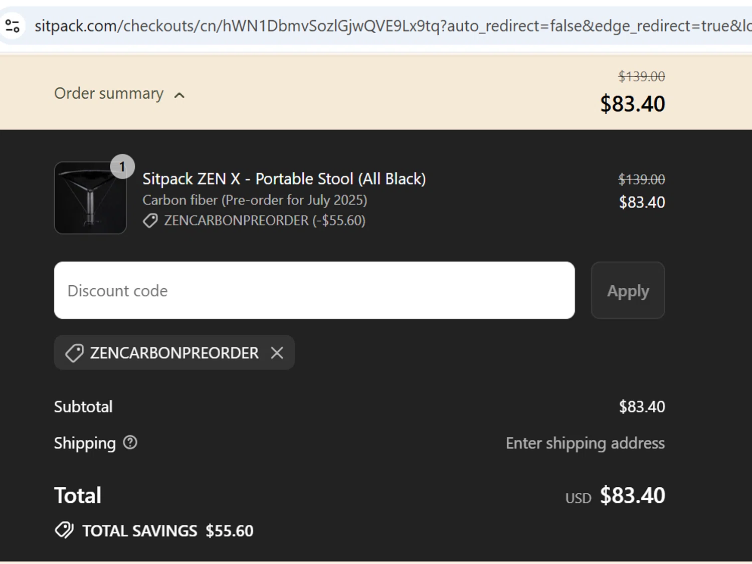 Sitpack promo code screenshot showing code ZENCARBONPREORDER applied at Sitpack checkout page. Uploaded by SimplyCodes community member BargainPioneer7317 on Jul 30, 2025
