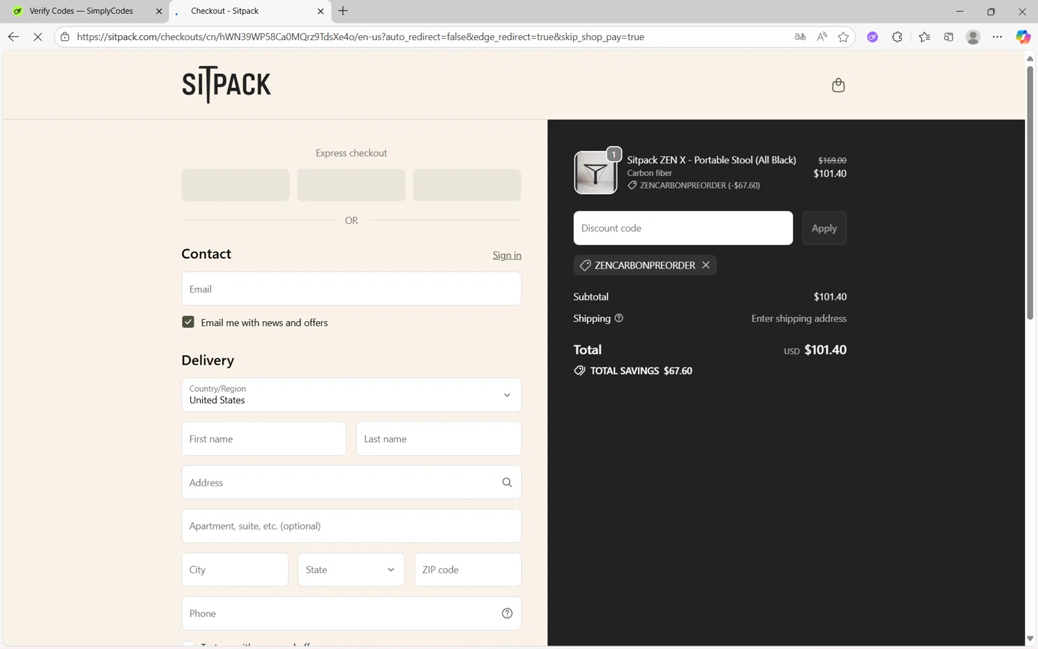 Sitpack promo code screenshot showing code ZENCARBONPREORDER applied at Sitpack checkout page. Uploaded by SimplyCodes community member frijolito on Sep 19, 2025