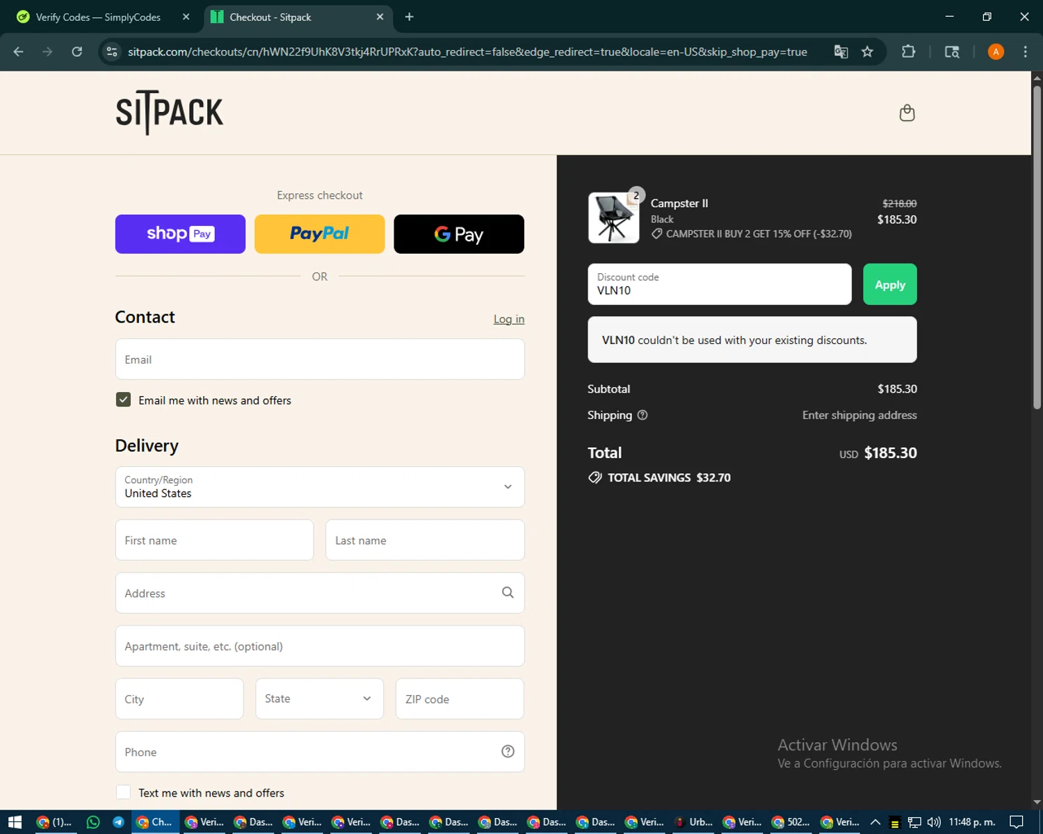 Sitpack promo code screenshot showing code VLN10 applied at Sitpack checkout page. Uploaded by SimplyCodes community member MoneyPhoenix4664 on Aug 21, 2025