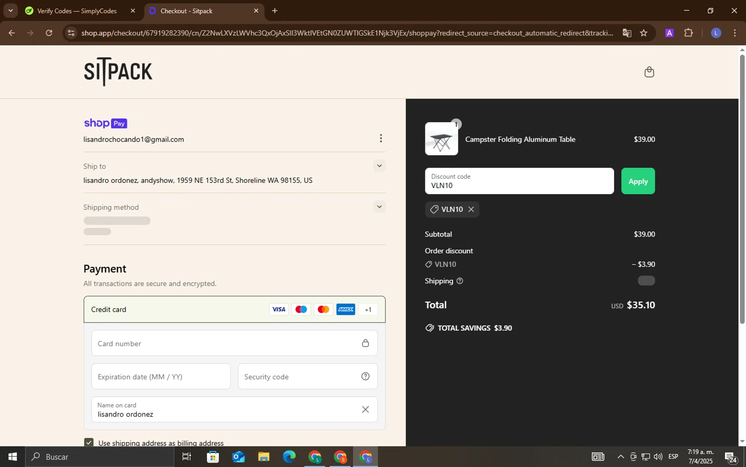 Sitpack promo code screenshot showing code VLN10 applied at Sitpack checkout page. Uploaded by SimplyCodes community member LuckyEagle5535 on Apr 7, 2025