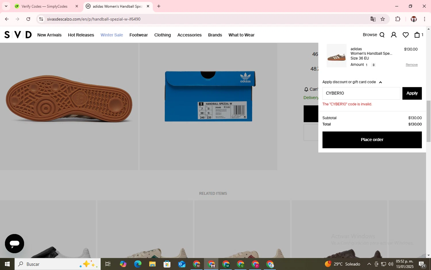 Sivasdescalzo discount code screenshot showing code CYBER10 applied at Sivasdescalzo checkout page. Uploaded by SimplyCodes community member Salometta on Jan 13, 2025