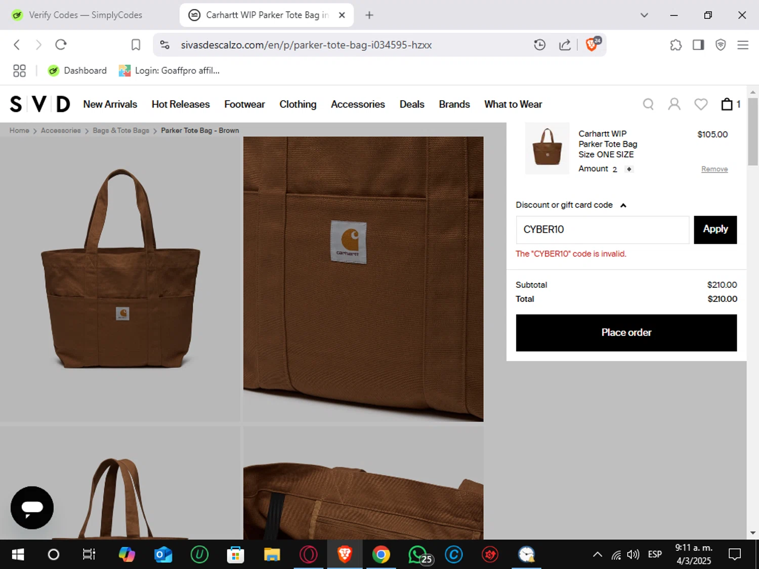 Sivasdescalzo discount code screenshot showing code CYBER10 applied at Sivasdescalzo checkout page. Uploaded by SimplyCodes community member Sungjinwoo on Mar 4, 2025