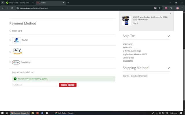 Sixity Auto checkout page showing Sixity Auto promo code box | Screenshot taken by SimplyCodes community member on Jul 18, 2025