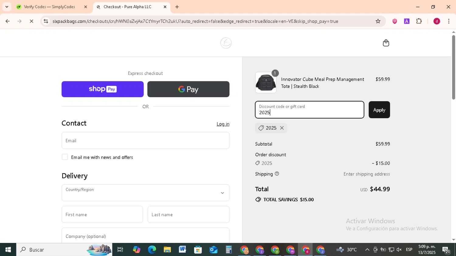 6 Pack Fitness promo code screenshot showing code 2025 applied at 6 Pack Fitness checkout page. Uploaded by SimplyCodes community member FrugalMonarch7277 on Jul 13, 2025