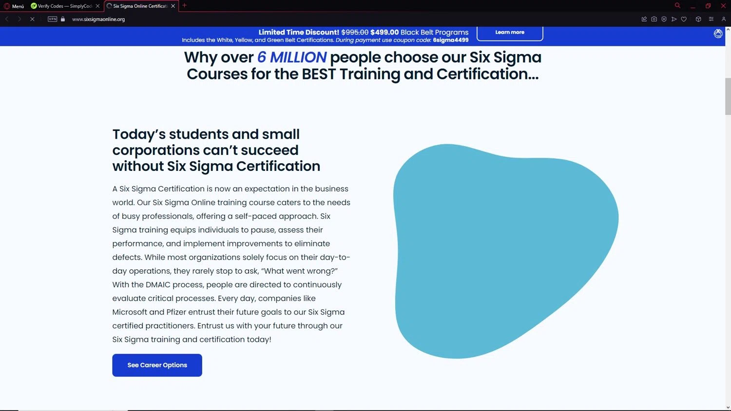 Six Sigma Online promo code screenshot showing code 6sigma4399 applied at Six Sigma Online checkout page. Uploaded by SimplyCodes community member NobleCollector3799 on Mar 28, 2025