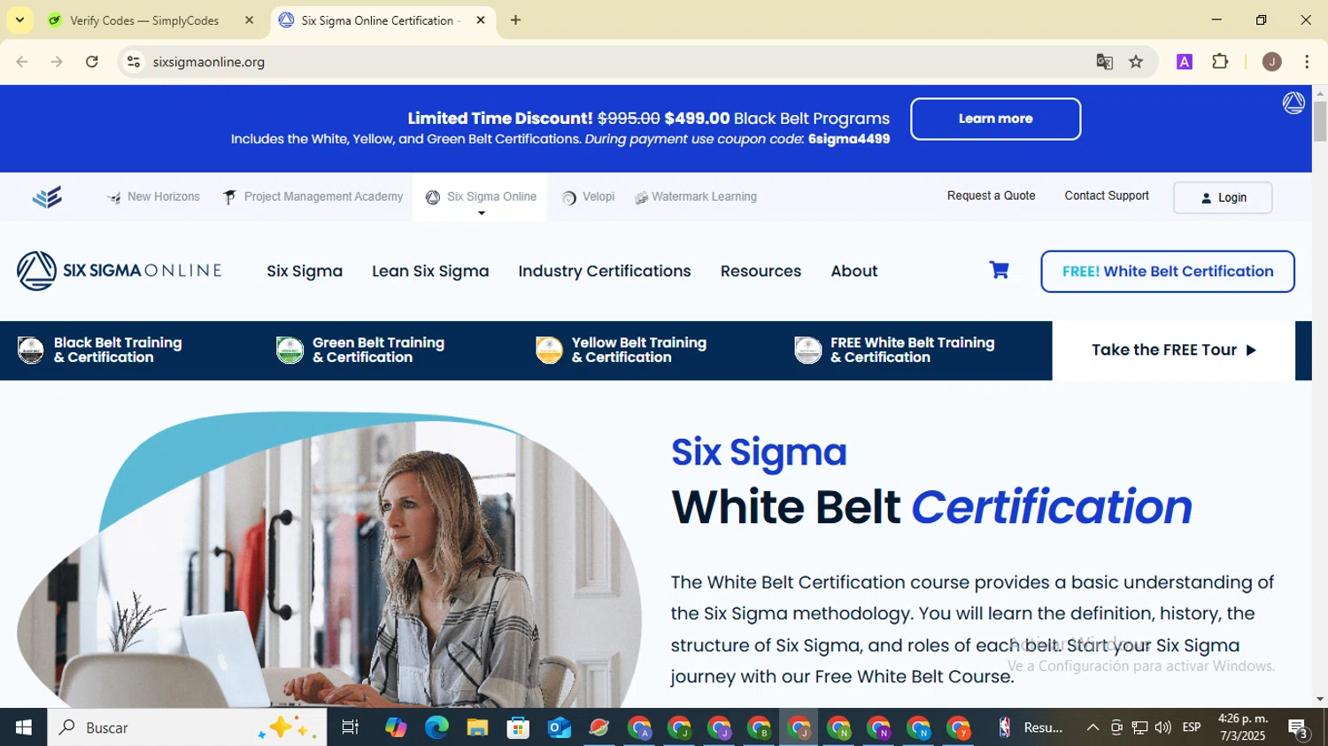 Six Sigma Online promo code screenshot showing code 6sigma4399 applied at Six Sigma Online checkout page. Uploaded by SimplyCodes community member ValiantHero2365 on Mar 7, 2025