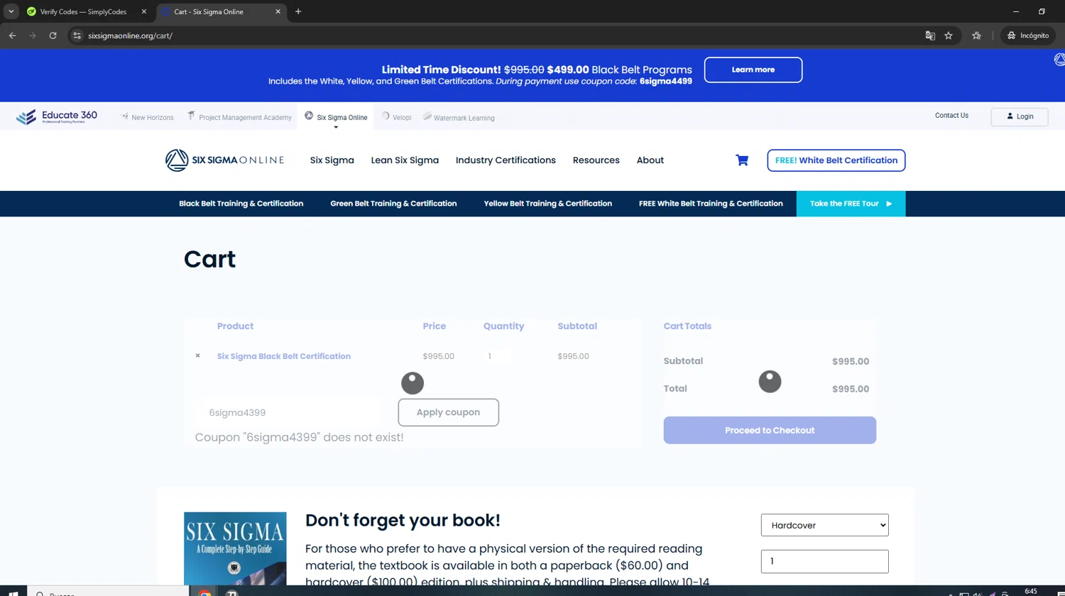 Six Sigma Online promo code screenshot showing code 6sigma4399 applied at Six Sigma Online checkout page. Uploaded by SimplyCodes community member rosiris on Jan 10, 2025