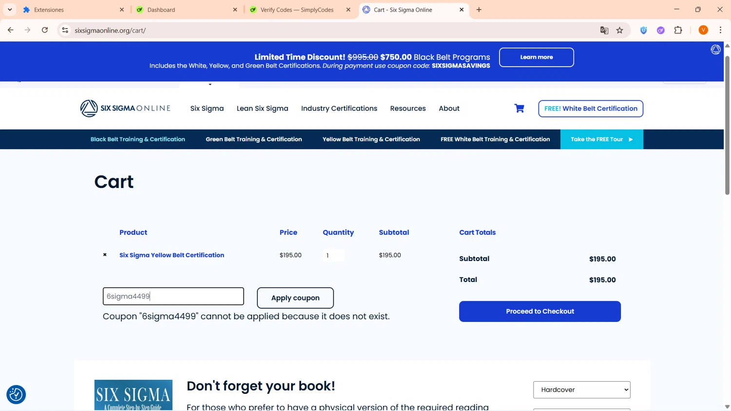 Six Sigma Online promo code screenshot showing code 6sigma4499 applied at Six Sigma Online checkout page. Uploaded by SimplyCodes community member FortunateFinder9465 on Jan 26, 2026