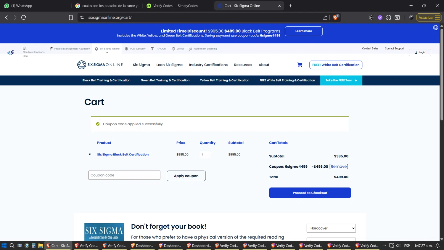 Six Sigma Online checkout page showing Six Sigma Online promo code box | Screenshot taken by SimplyCodes community member on Aug 11, 2025