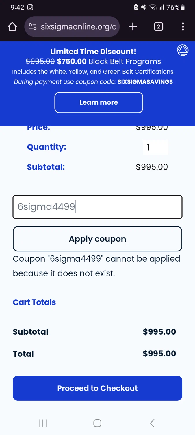 Six Sigma Online promo code screenshot showing code 6sigma4499 applied at Six Sigma Online checkout page. Uploaded by SimplyCodes community member xXdevoragoticas69Xx on Jan 26, 2026