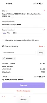 WINNING coupon verification screenshot