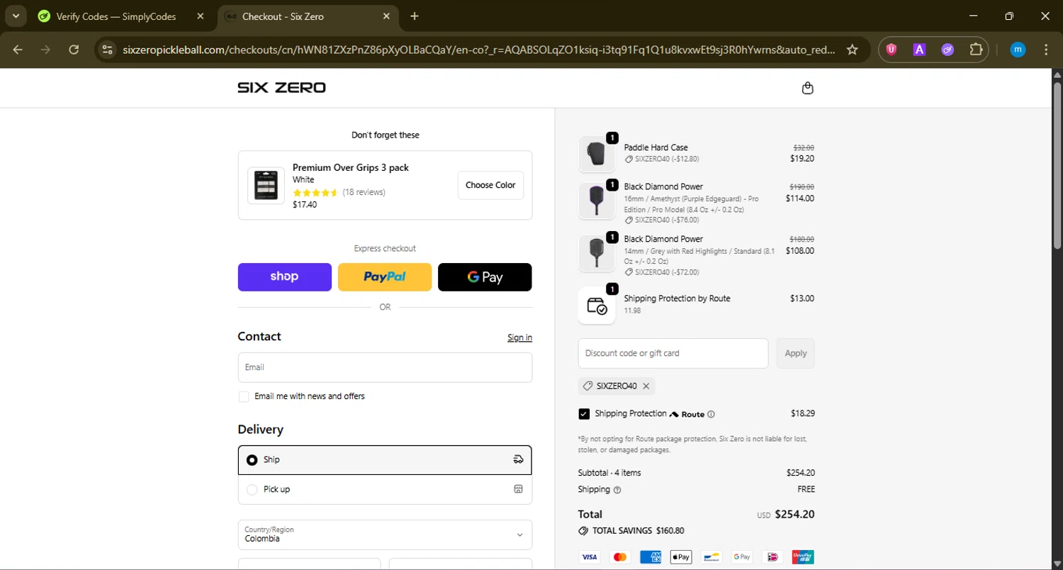 Six Zero Pickleball discount code screenshot showing code SIXZERO40 applied at Six Zero Pickleball checkout page. Uploaded by SimplyCodes community member LuckyWarden9122 on Jan 25, 2026