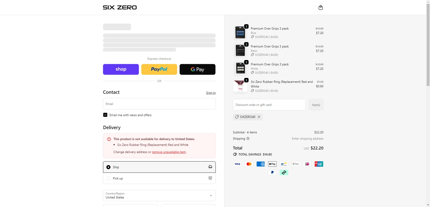 Six Zero Pickleball checkout page showing Six Zero Pickleball discount code box | Screenshot taken by SimplyCodes community member on Feb 6, 2026