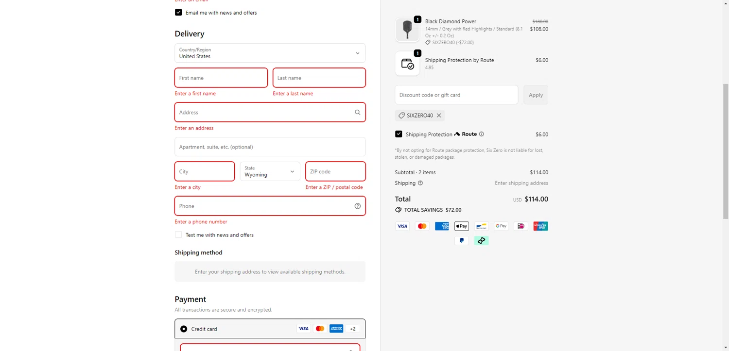 Six Zero Pickleball discount code screenshot showing code SIXZERO40 applied at Six Zero Pickleball checkout page. Uploaded by SimplyCodes community member PromoSeeker7158 on Dec 24, 2025