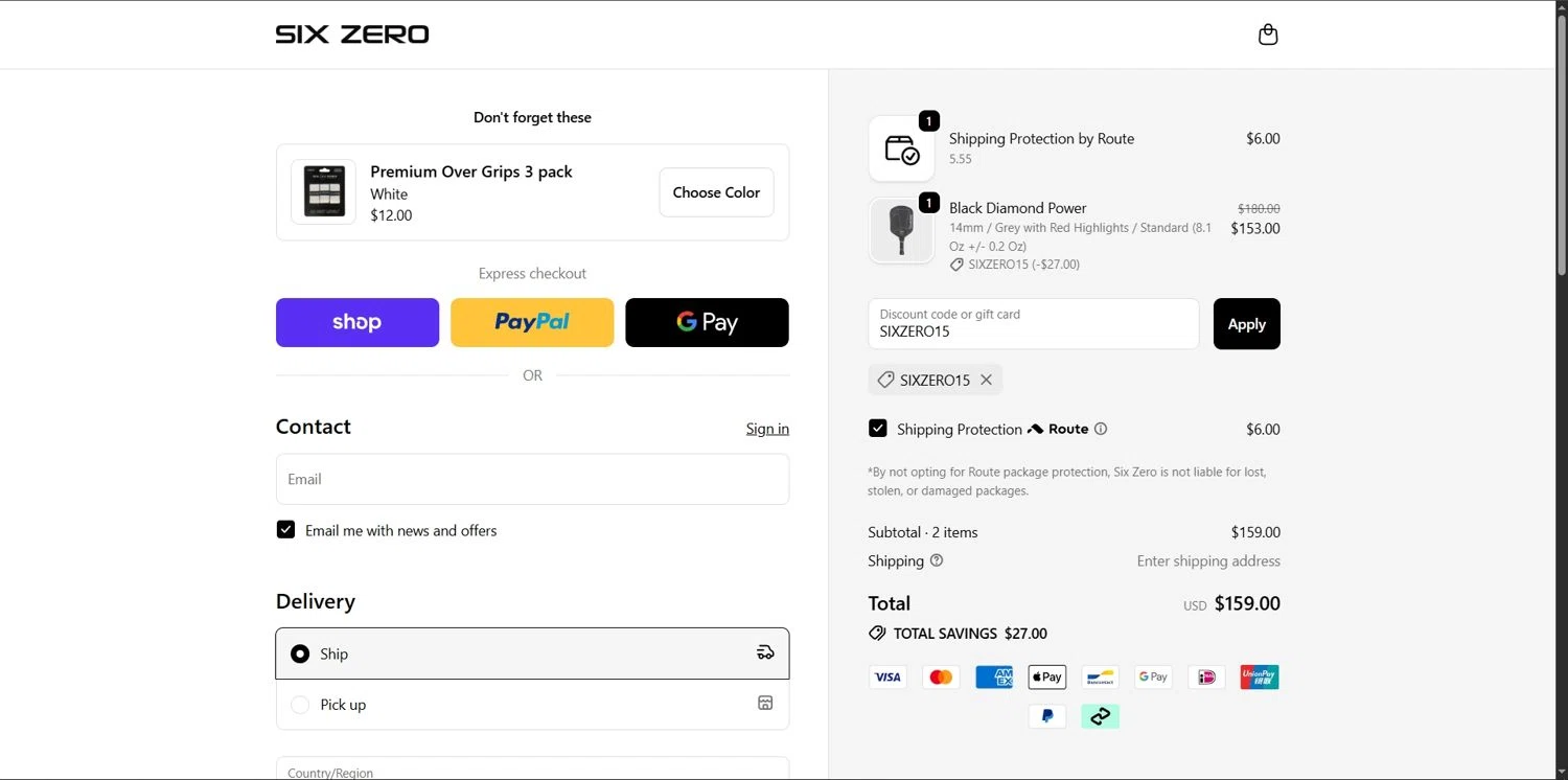 Six Zero Pickleball discount code screenshot showing code SIXZERO15 applied at Six Zero Pickleball checkout page. Uploaded by SimplyCodes community member Depressive on Dec 13, 2025